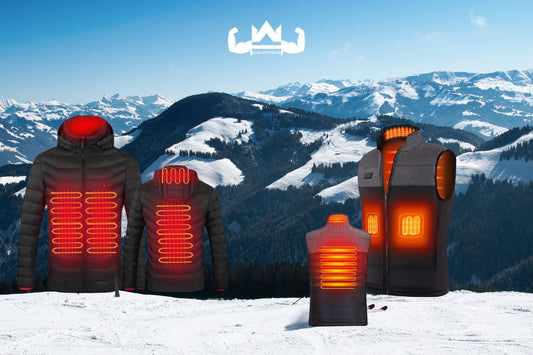 Verwarmde bodywarmers en verwarmde jassen op een bergtop