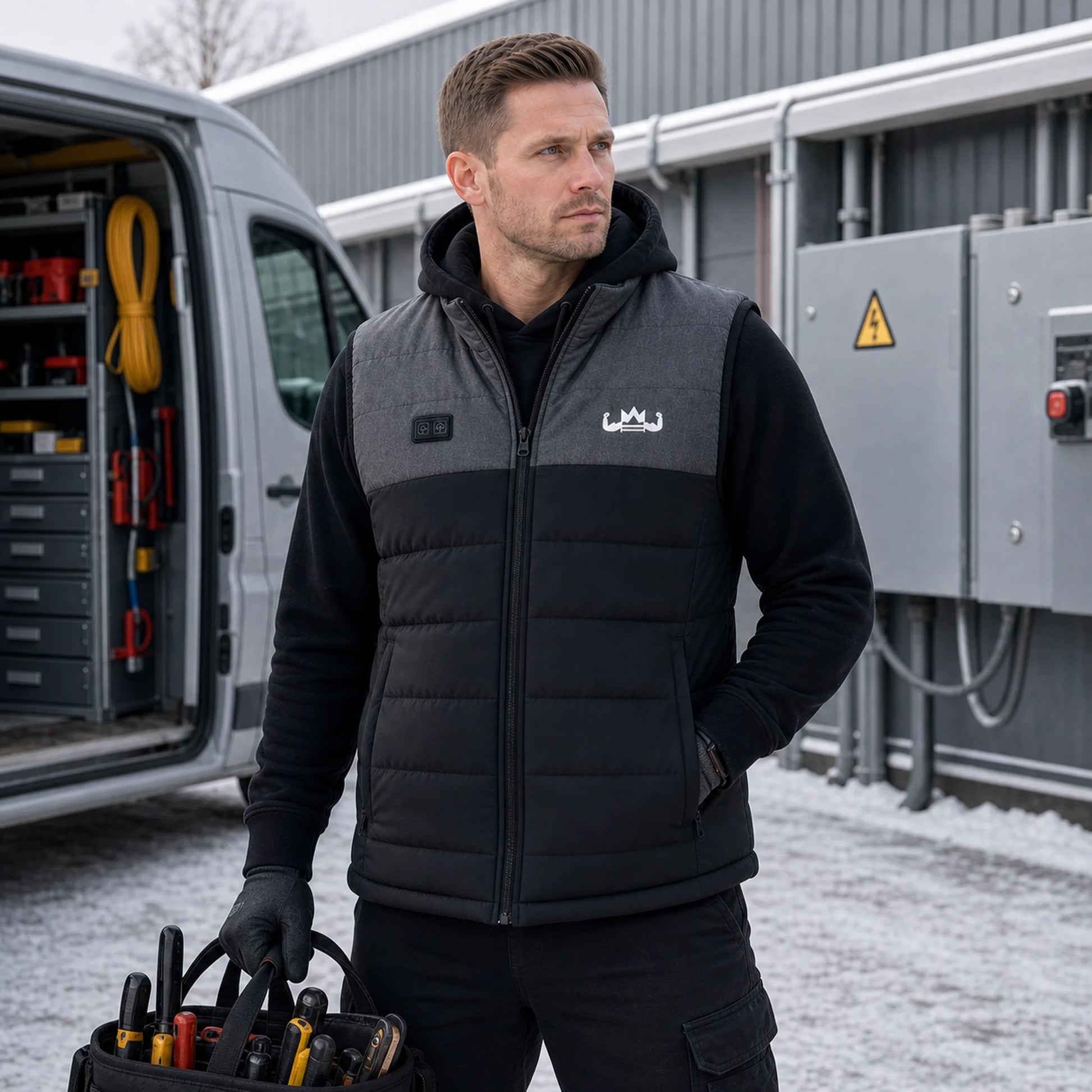 Monteur met KingsPower verwarmde bodywarmer heren bij technische dienst in de kou